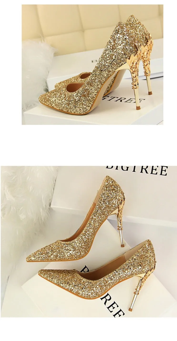 Magical Glittery Metal Embellised Heel Pumps Pointed Toe High Heels