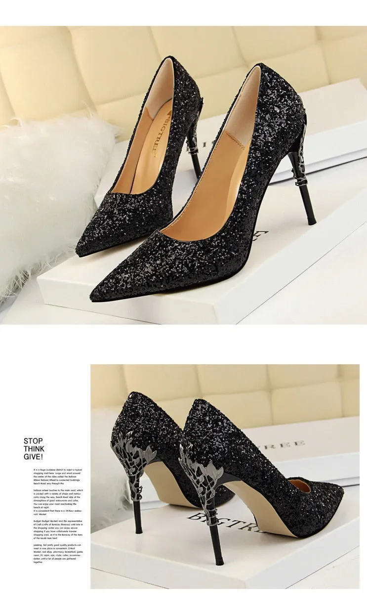 Magical Glittery Metal Embellised Heel Pumps Pointed Toe High Heels