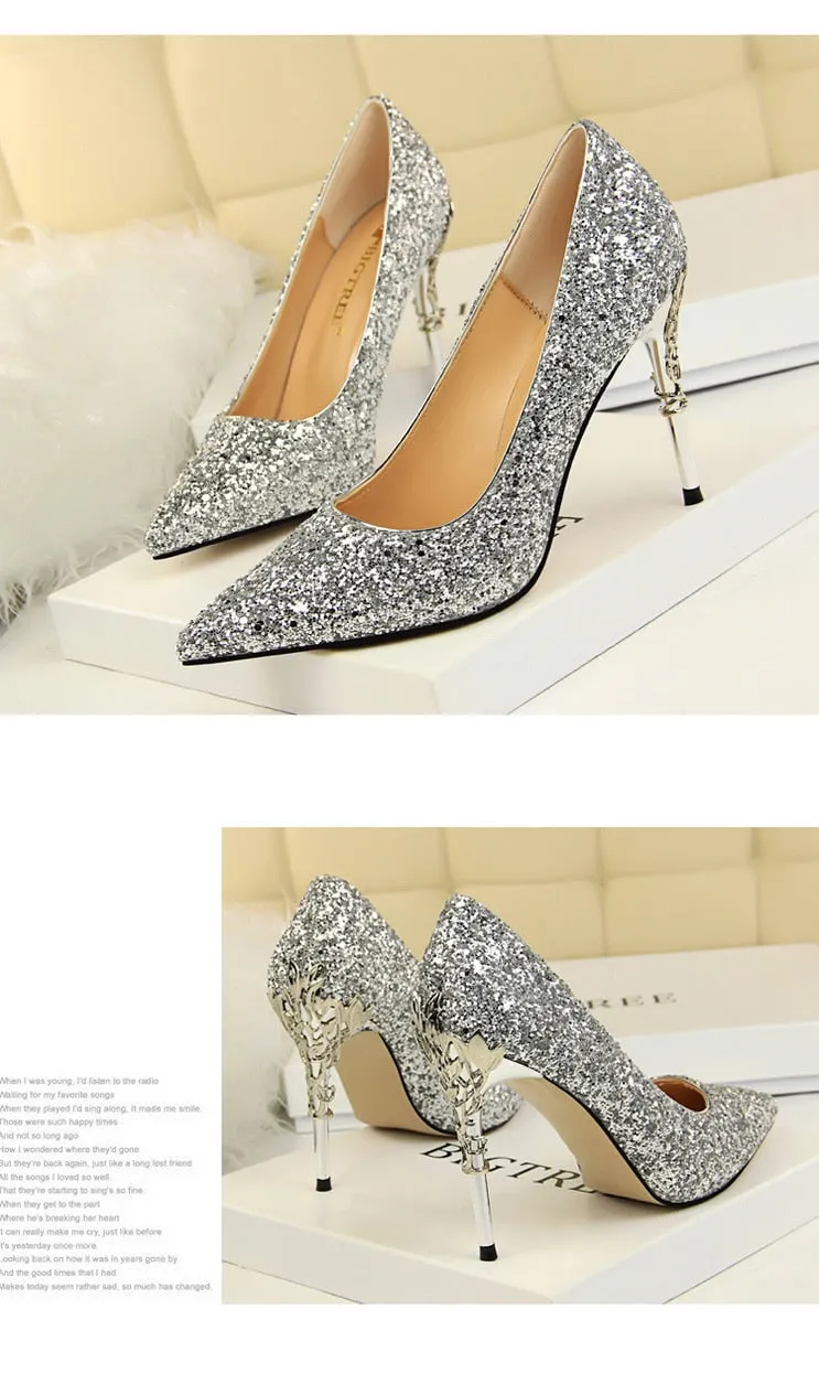 Magical Glittery Metal Embellised Heel Pumps Pointed Toe High Heels