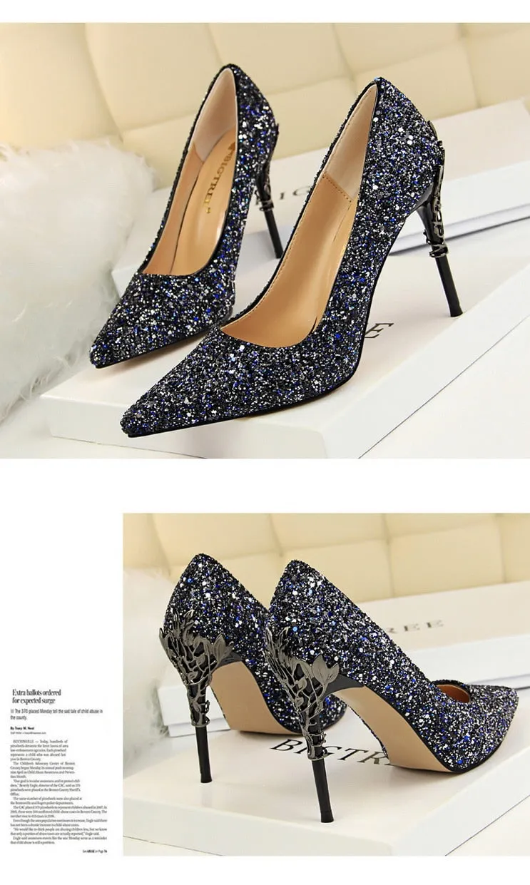 Magical Glittery Metal Embellised Heel Pumps Pointed Toe High Heels