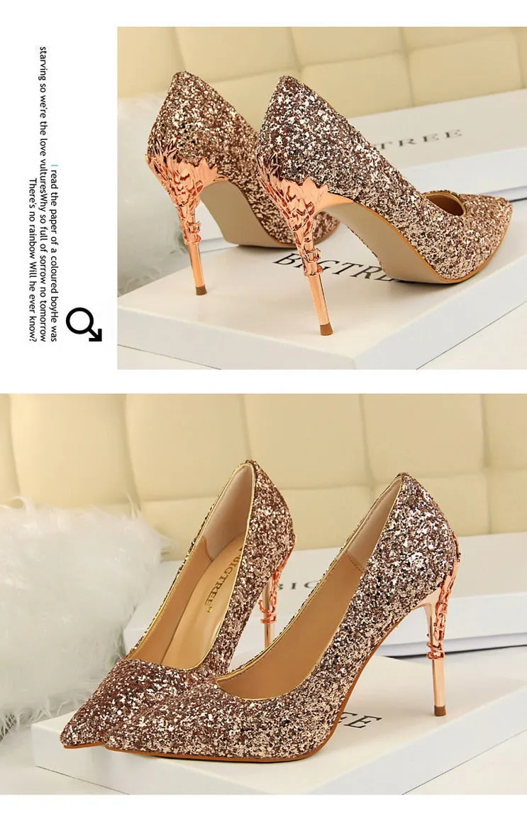 Magical Glittery Metal Embellised Heel Pumps Pointed Toe High Heels