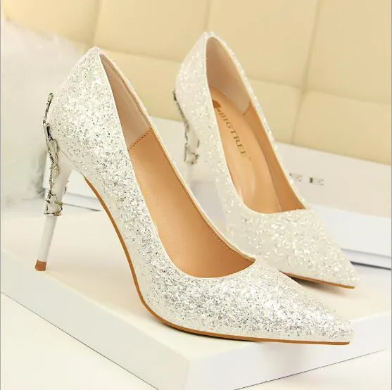 Magical Glittery Metal Embellised Heel Pumps Pointed Toe High Heels