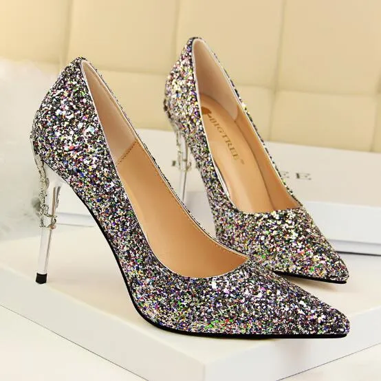 Magical Glittery Metal Embellised Heel Pumps Pointed Toe High Heels