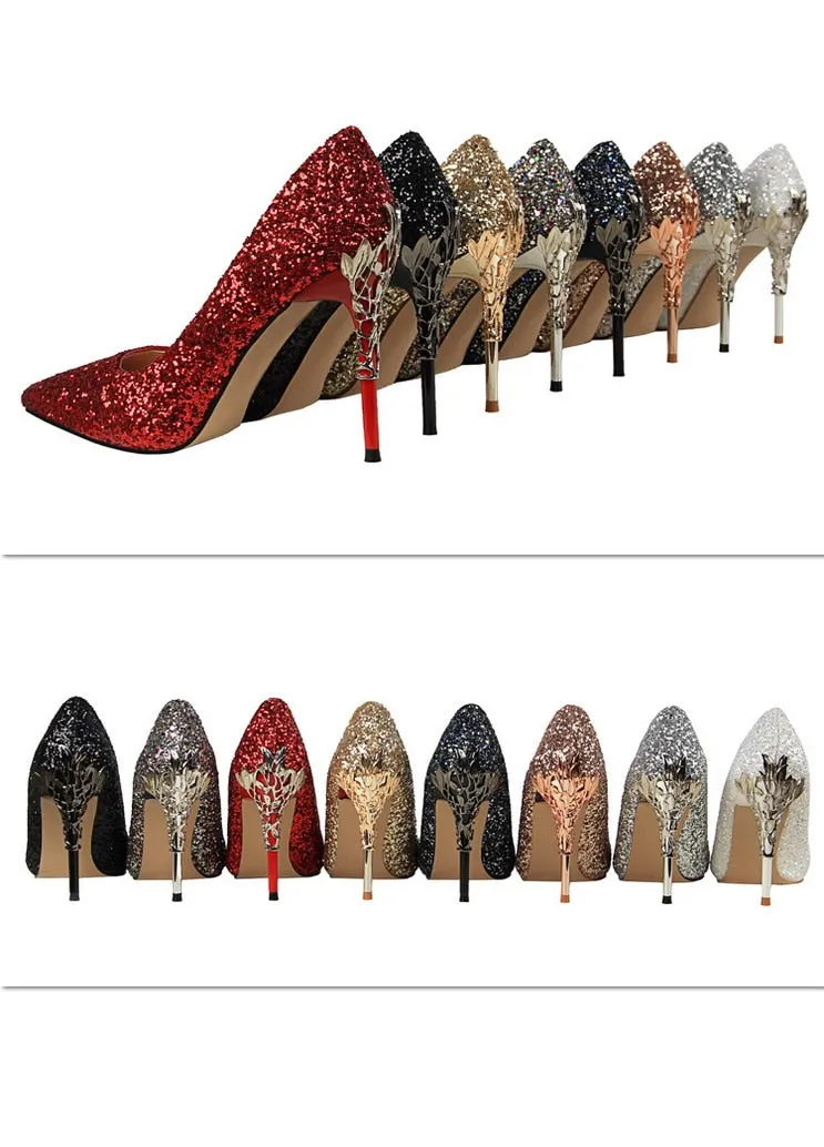 Magical Glittery Metal Embellised Heel Pumps Pointed Toe High Heels