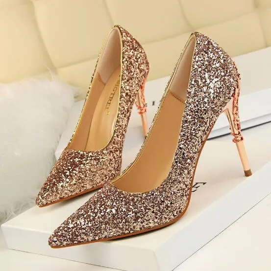 Magical Glittery Metal Embellised Heel Pumps Pointed Toe High Heels