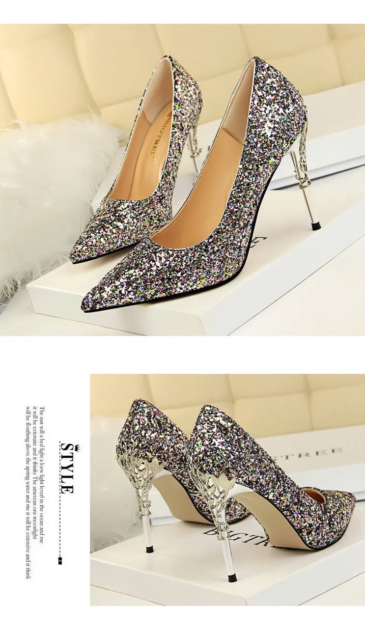 Magical Glittery Metal Embellised Heel Pumps Pointed Toe High Heels