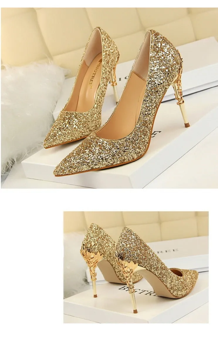 Magical Glittery Metal Embellised Heel Pumps Pointed Toe High Heels