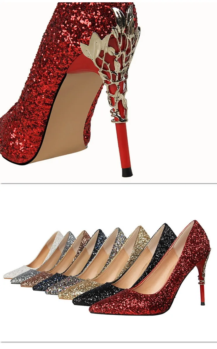 Magical Glittery Metal Embellised Heel Pumps Pointed Toe High Heels