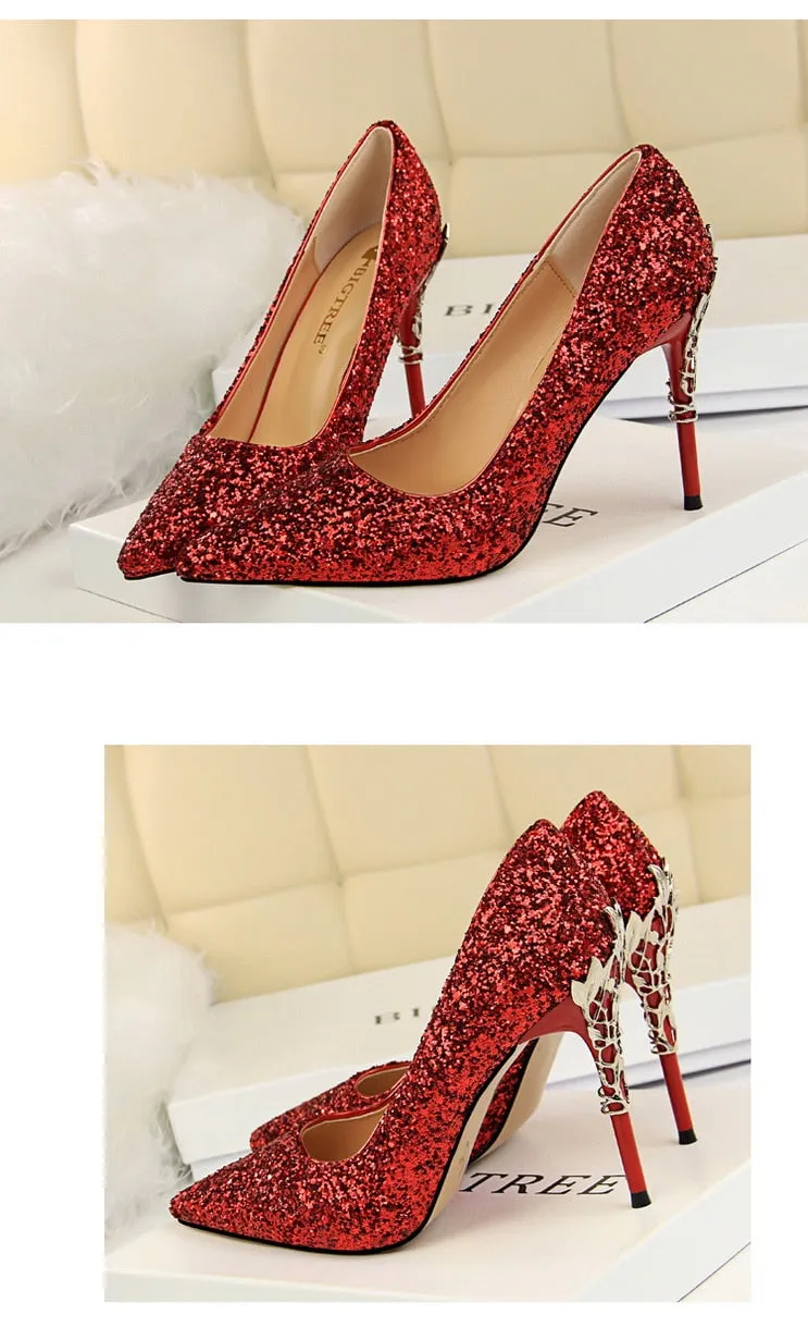 Magical Glittery Metal Embellised Heel Pumps Pointed Toe High Heels