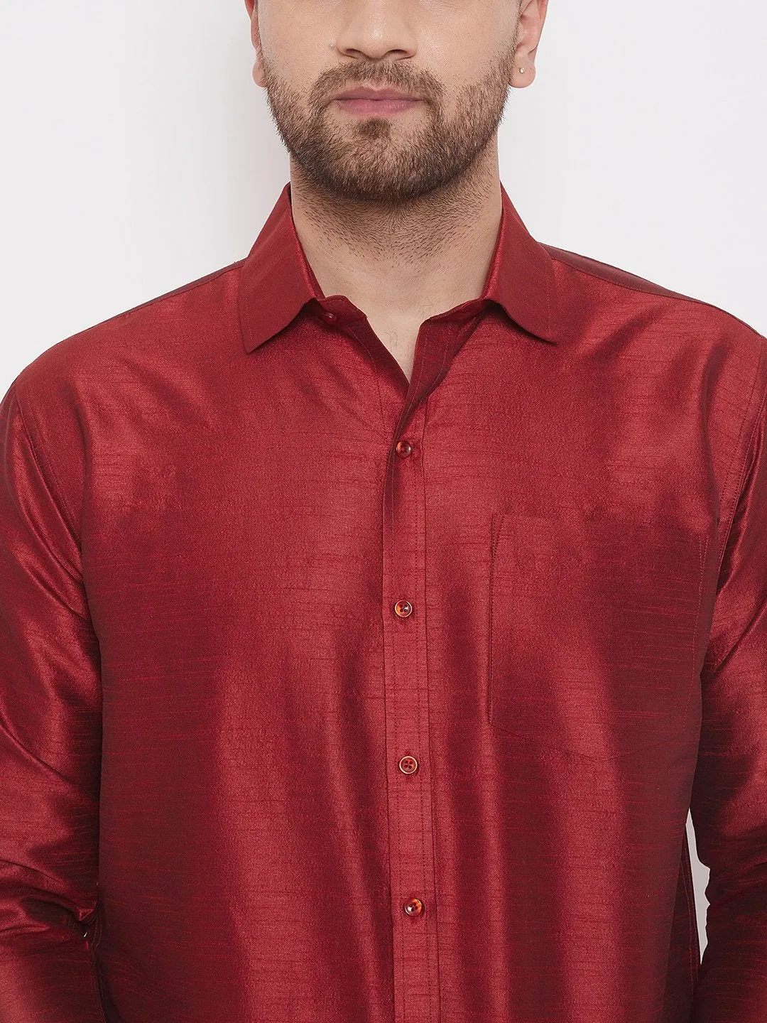 Men's Maroon Cotton Silk Blend Ethnic Shirt - Vastramay