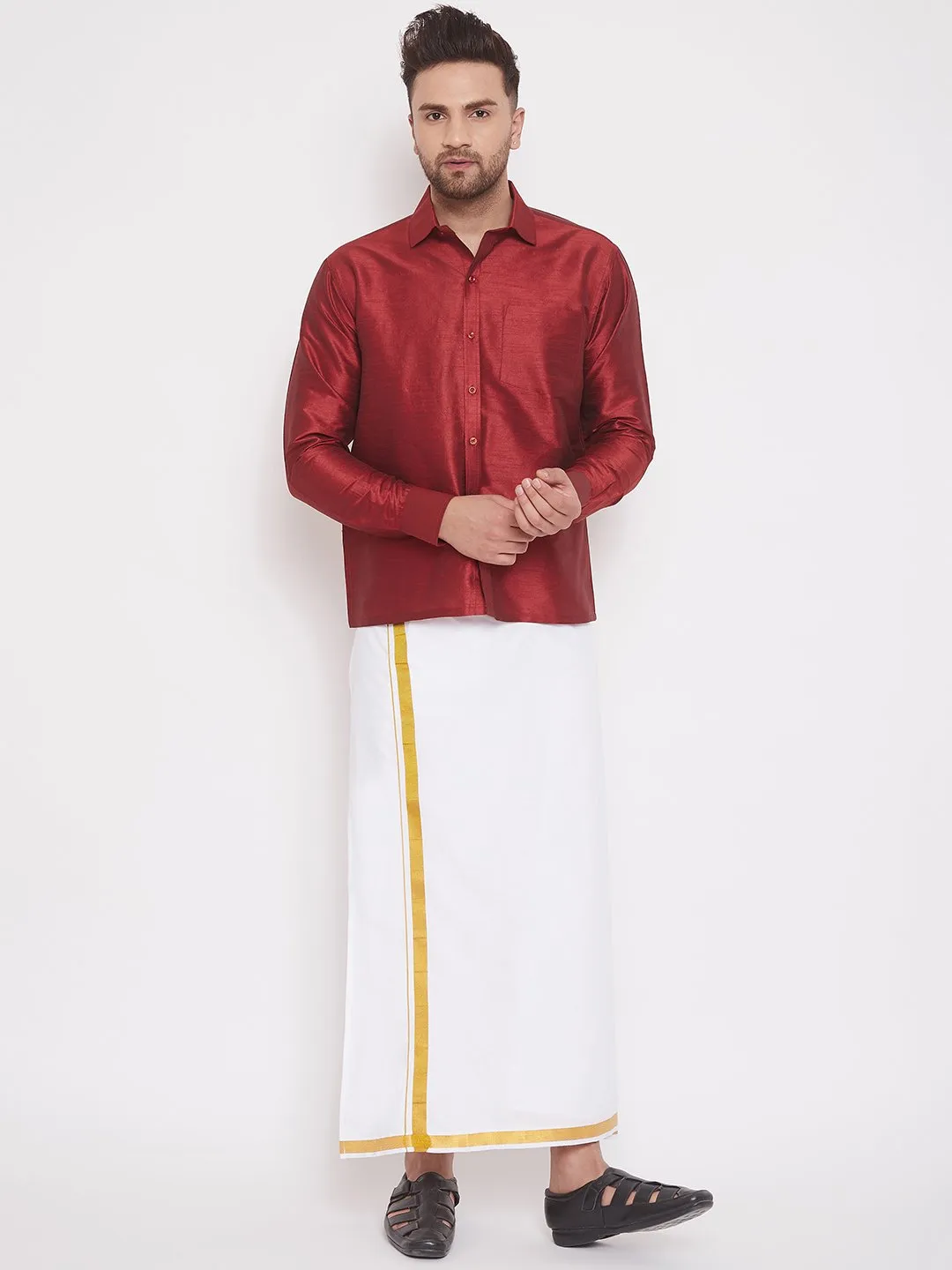 Men's Maroon Cotton Silk Blend Ethnic Shirt - Vastramay