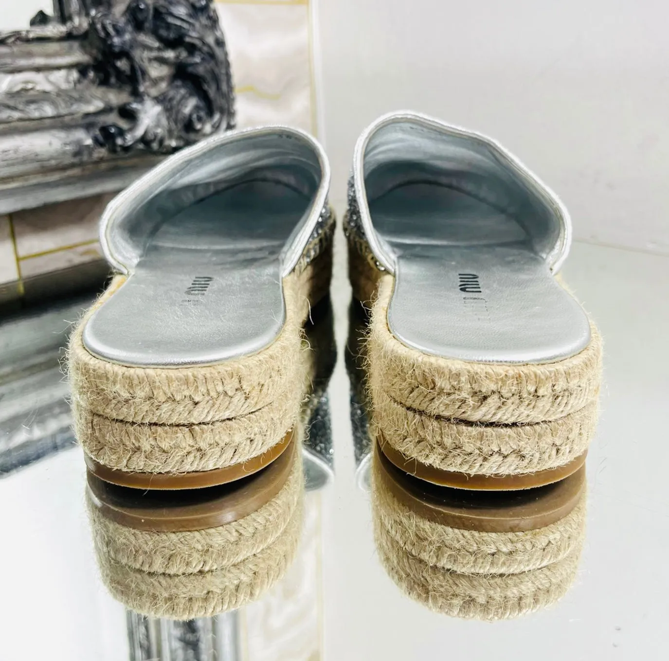 Miu Miu Glitter & Leather Logo Espadrilles. Size 38.5