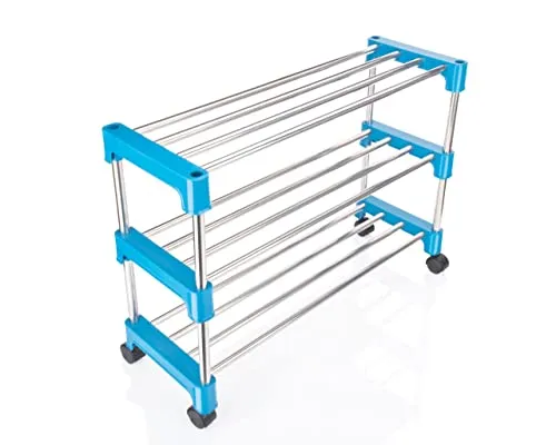 Nisarg - Multipurpose Rustproof Metal, Plastic Shoe Rack, Foldable Wide Storage Rack for Books. Toys, Shoes Easy to Move & Assemble (Rustproof) with Wheels (3 Shelves)