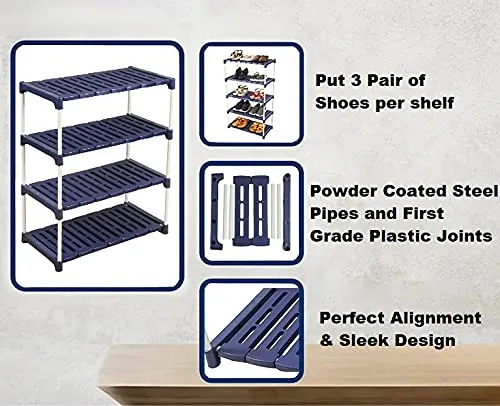 Novatic Multipurpose Portable Shoe Rack for Home Storage, Easy to Move & Assemble Metal Frame Shoe Stand/Shoes Storage Rack Foldable Wide Storage Rack for Books. Toys, Shoes - Navy Blue