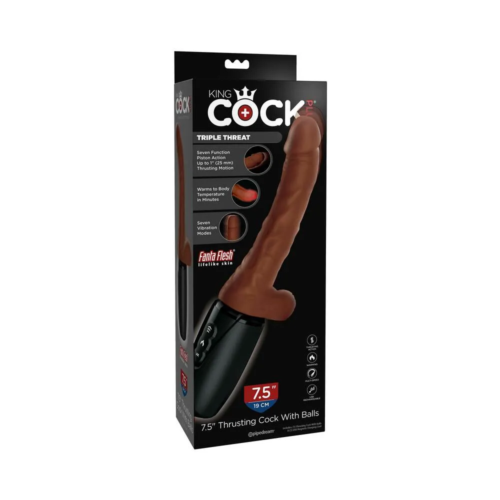 Pipedream King Cock Plus 7.5 in. Thrusting Cock With Balls Rechargeable Realistic Vibrator Brown