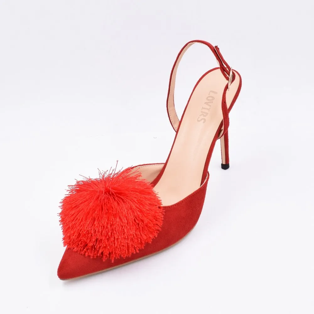 Pom Pom Slingback Stiletto Shoes