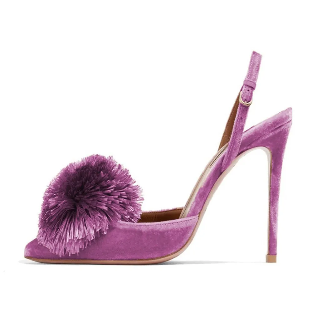 Pom Pom Slingback Stiletto Shoes