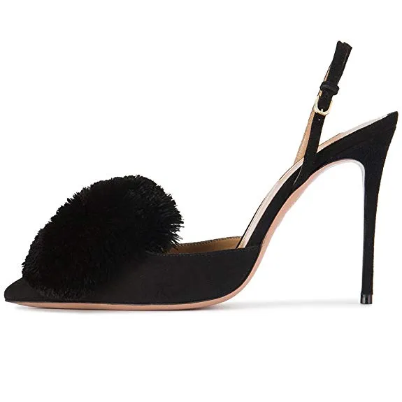 Pom Pom Slingback Stiletto Shoes