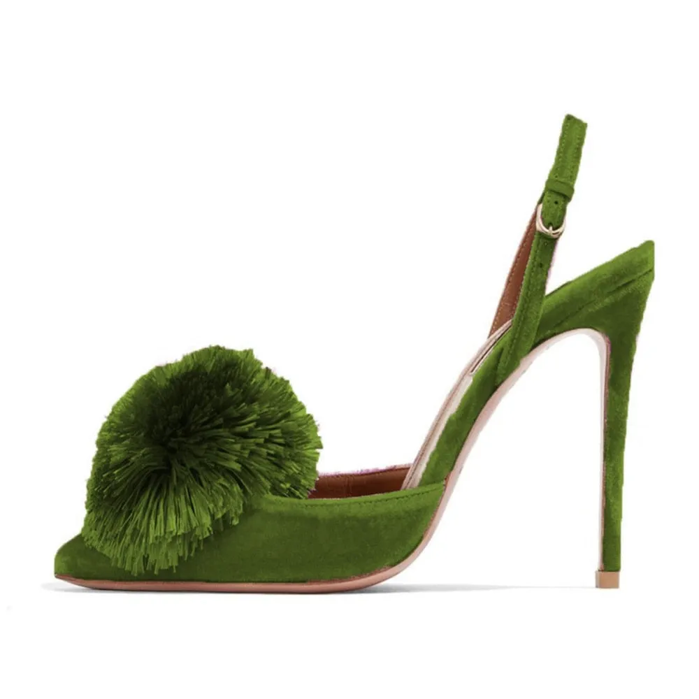 Pom Pom Slingback Stiletto Shoes