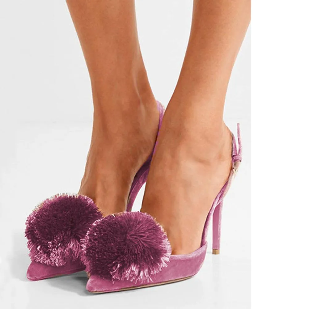 Pom Pom Slingback Stiletto Shoes