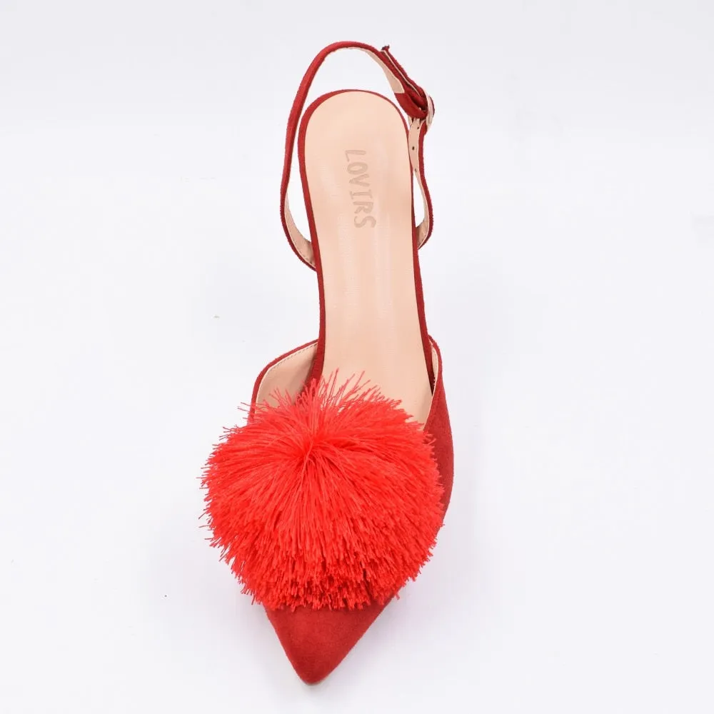 Pom Pom Slingback Stiletto Shoes