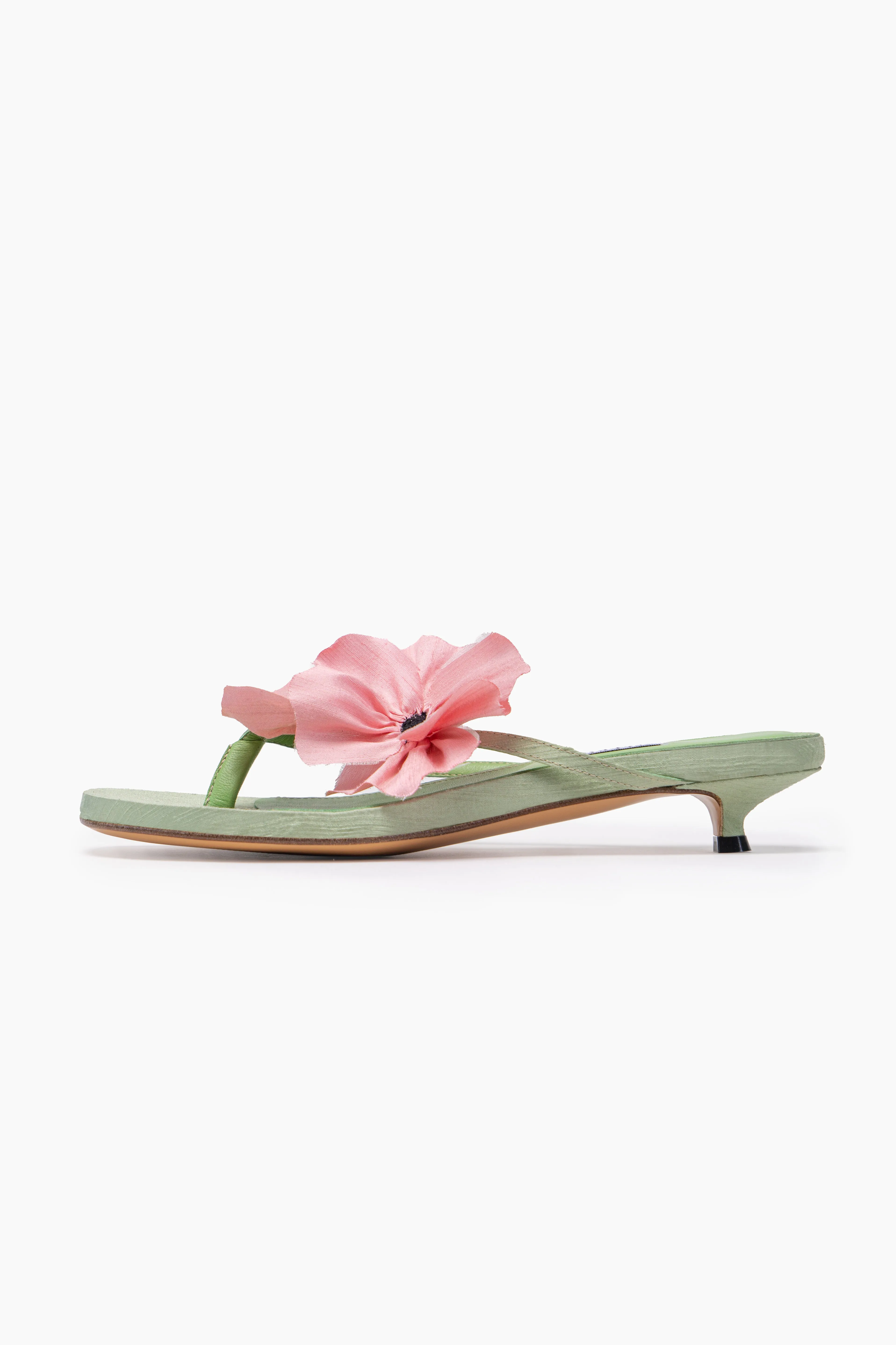 Poppies Silk Kitten Heel Mules in Mint and Pink