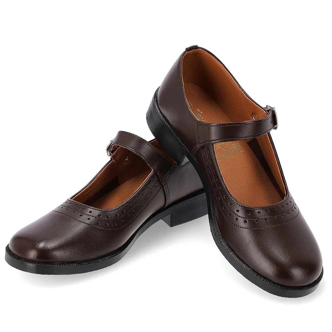 Toughees Pearl Ladies One Bar School Shoes - Brown