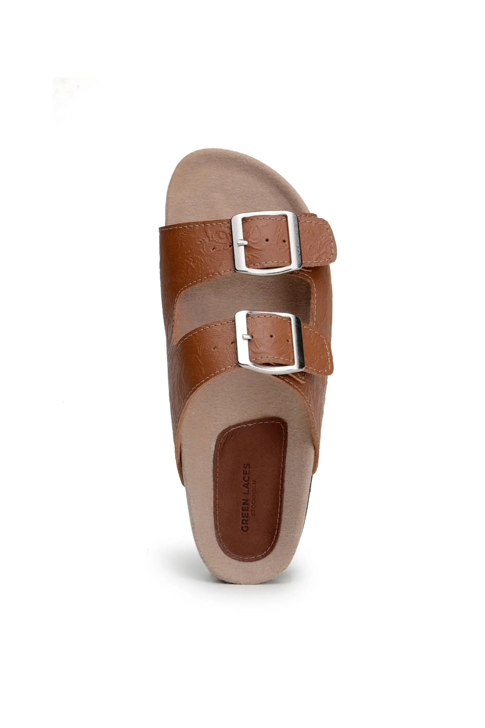 Truda Women's Vegan Leather Two-Strap Sandals | Patterned Tan