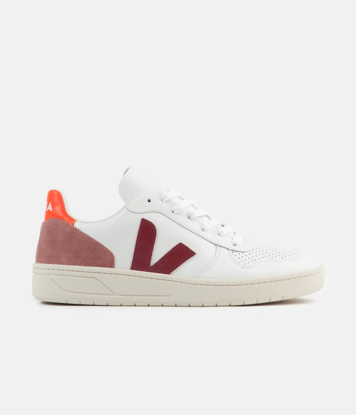 Veja V-10 Leather Shoes - Extra White / Marsala / Dried Petal / Orange Fluoro