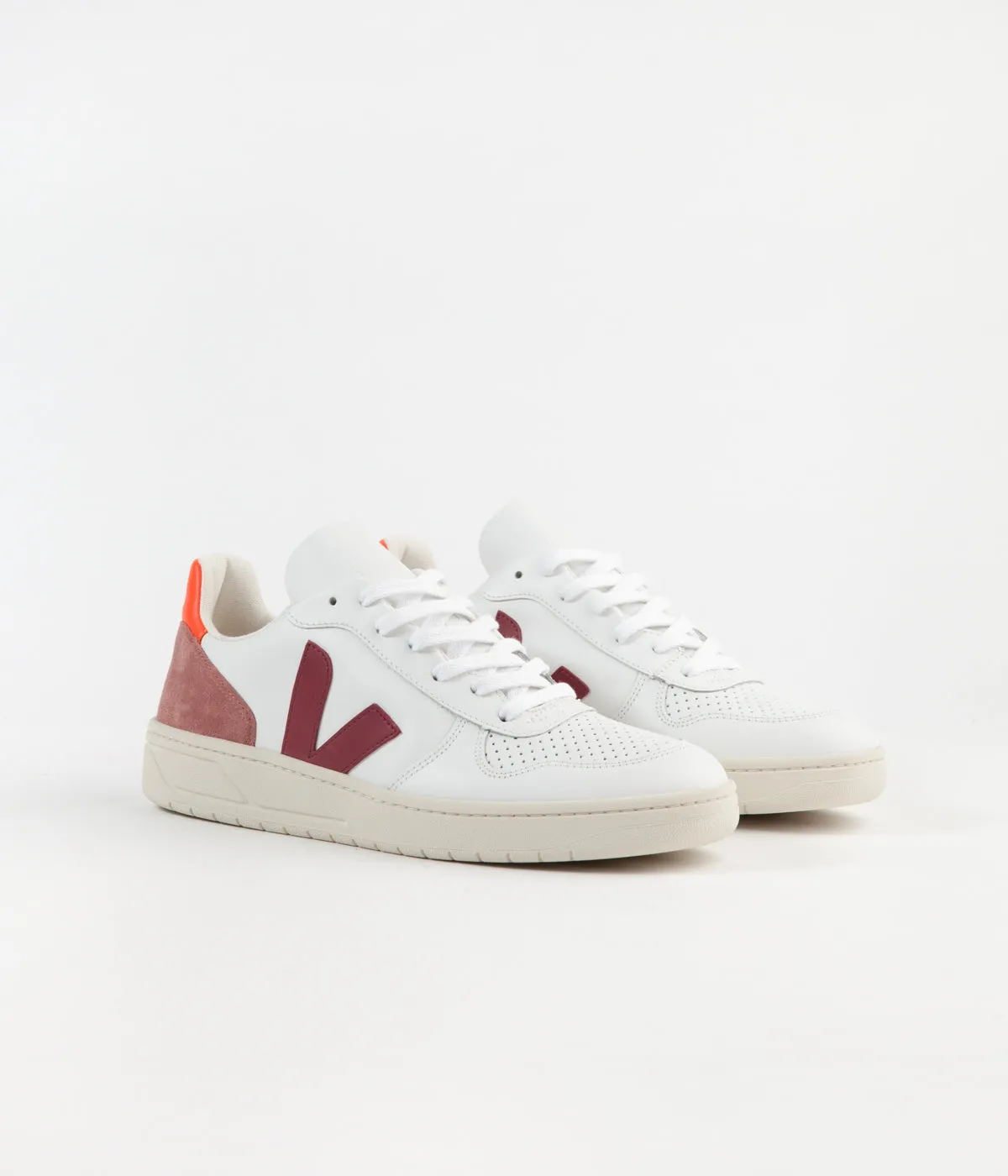 Veja V-10 Leather Shoes - Extra White / Marsala / Dried Petal / Orange Fluoro