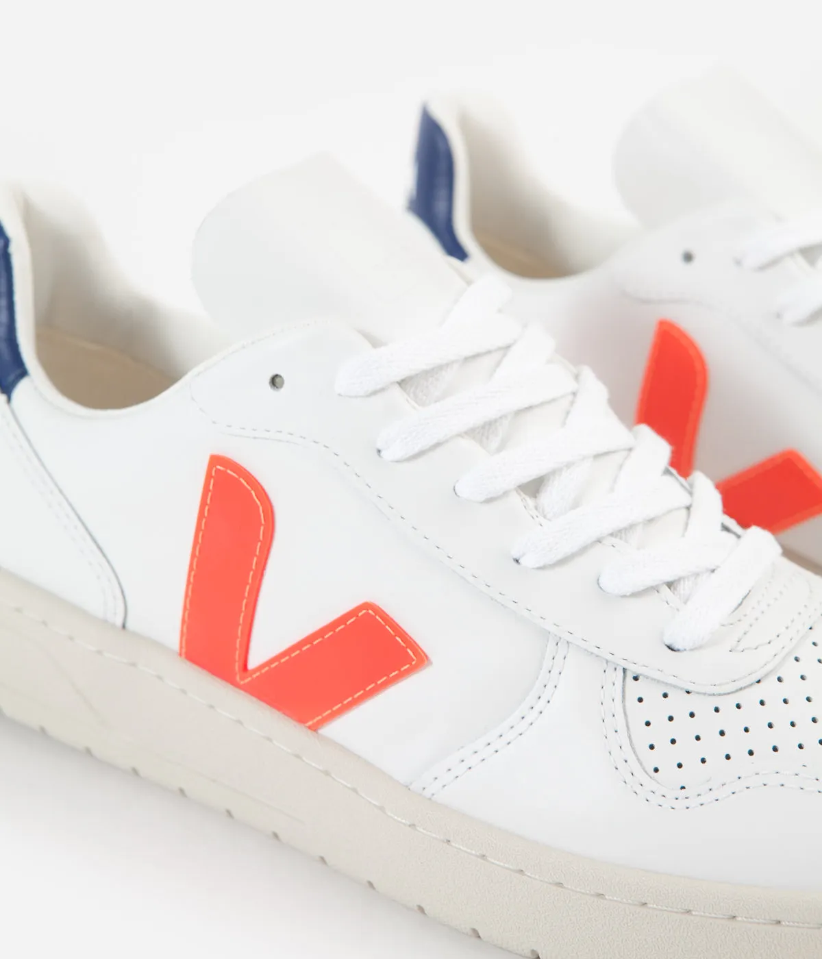 Veja V-10 Leather Shoes - Extra White / Orange Fluoro / Cobalt