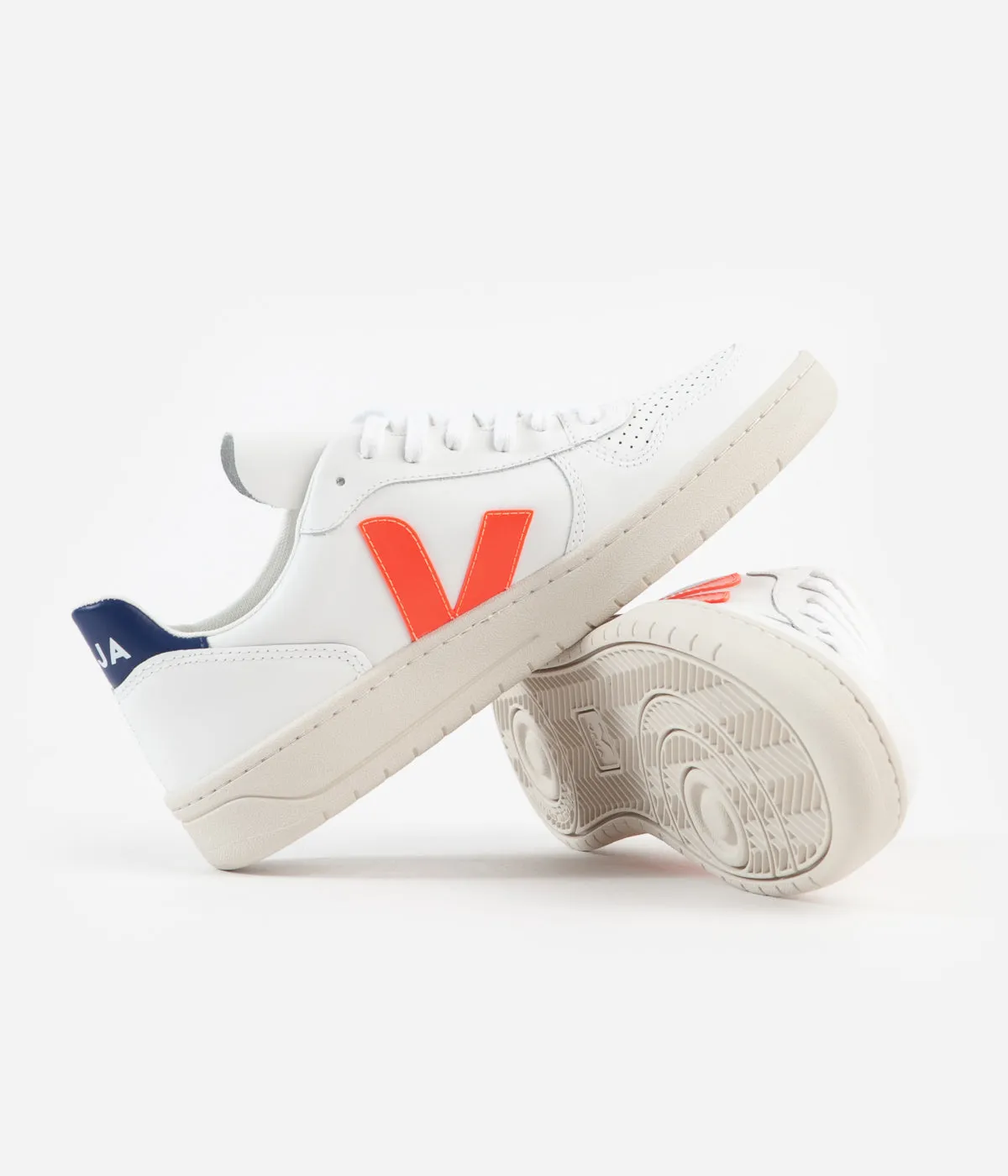 Veja V-10 Leather Shoes - Extra White / Orange Fluoro / Cobalt