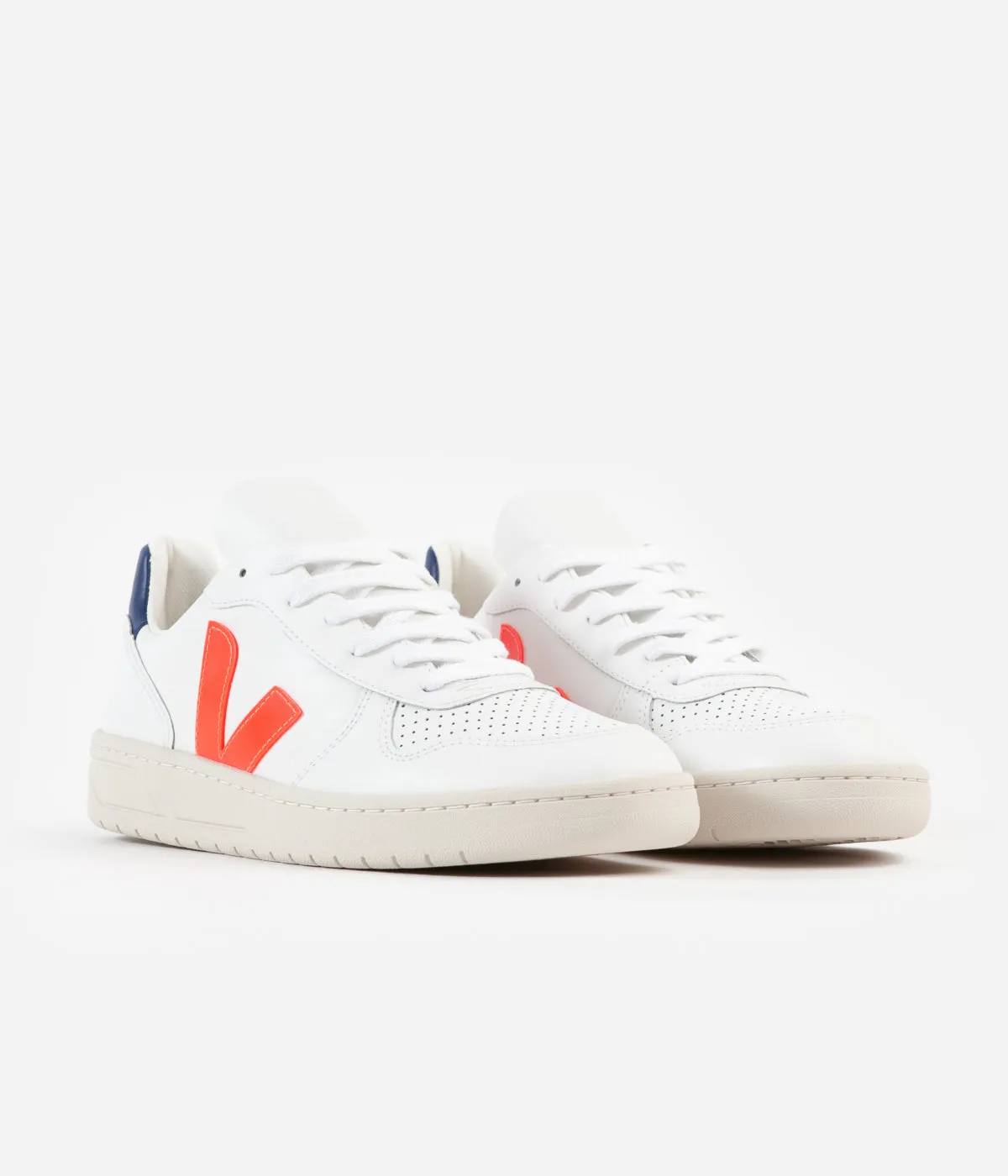 Veja V-10 Leather Shoes - Extra White / Orange Fluoro / Cobalt