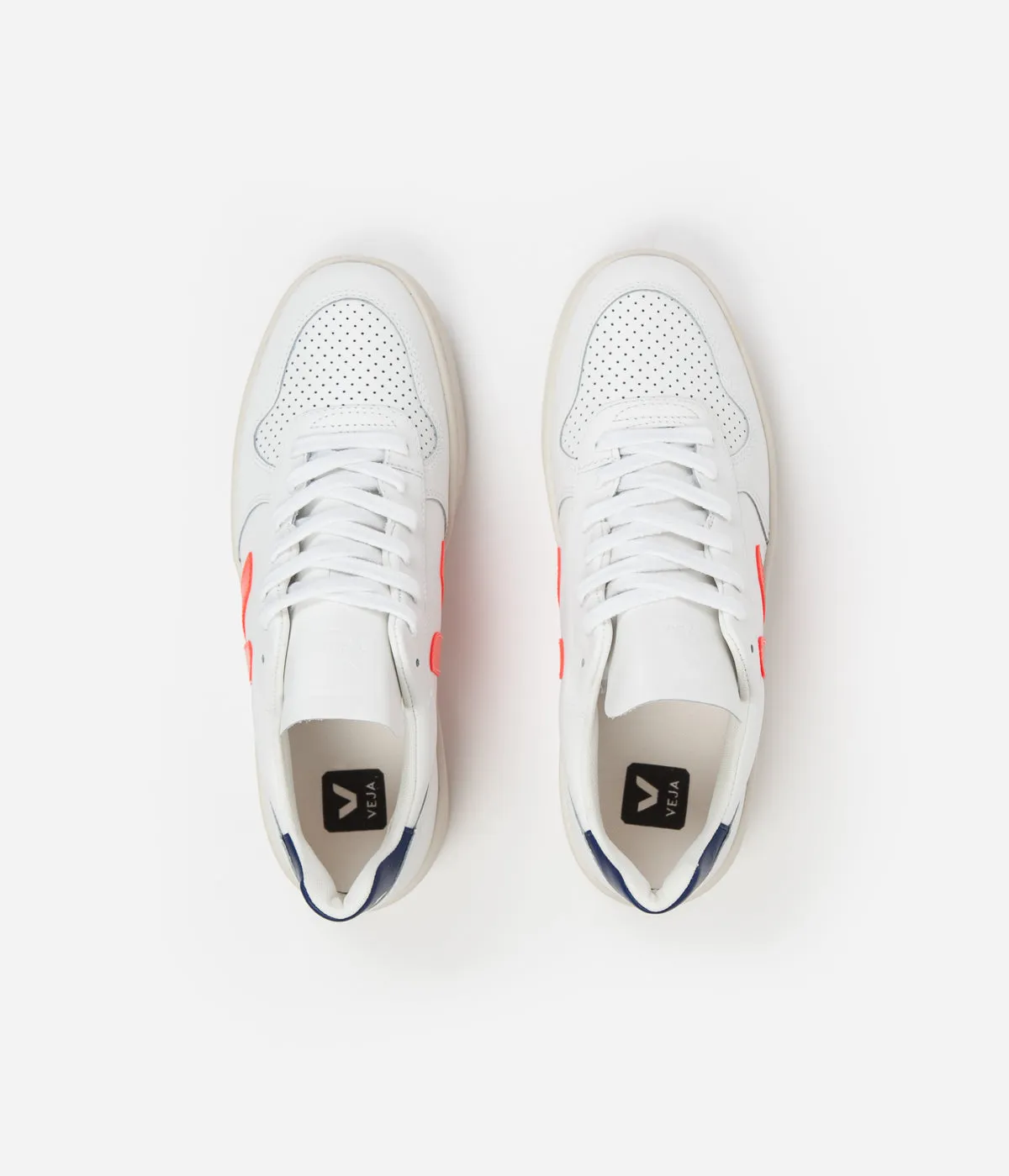 Veja V-10 Leather Shoes - Extra White / Orange Fluoro / Cobalt