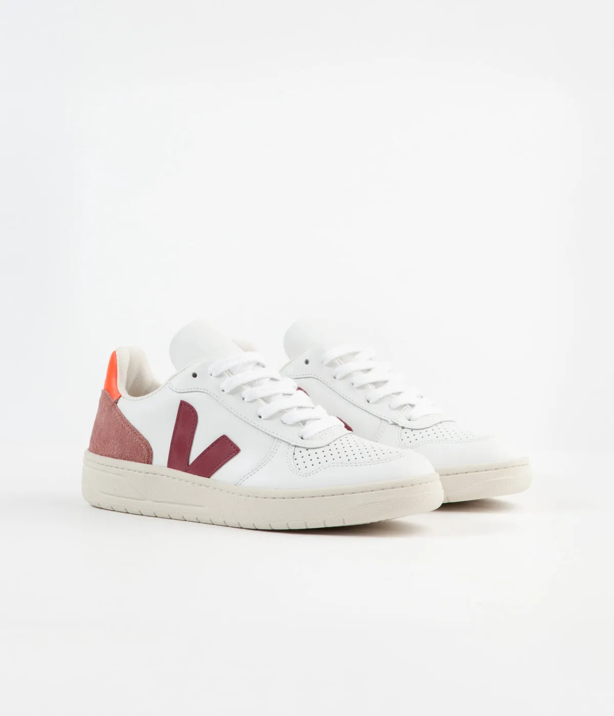 Veja Womens V-10 Leather Shoes - Extra White / Marsala / Dried Petal / Orange Fluoro