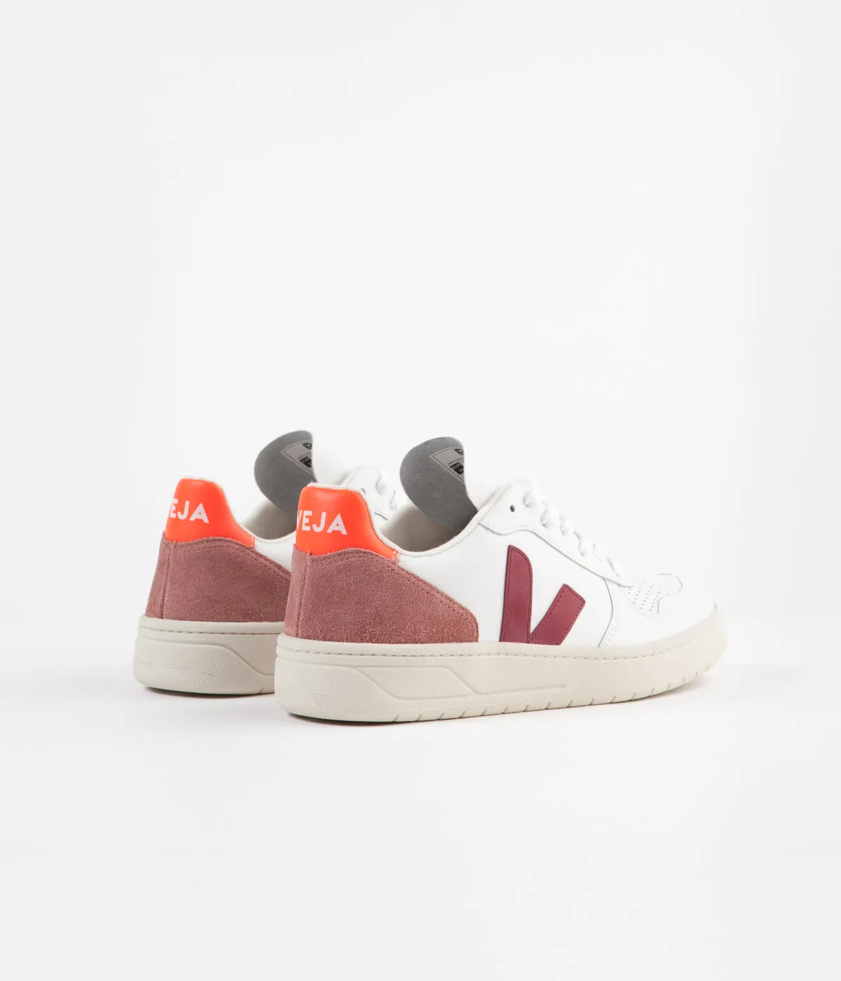 Veja Womens V-10 Leather Shoes - Extra White / Marsala / Dried Petal / Orange Fluoro