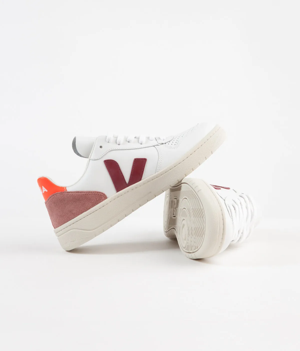 Veja Womens V-10 Leather Shoes - Extra White / Marsala / Dried Petal / Orange Fluoro