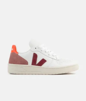 Veja Womens V-10 Leather Shoes - Extra White / Marsala / Dried Petal / Orange Fluoro