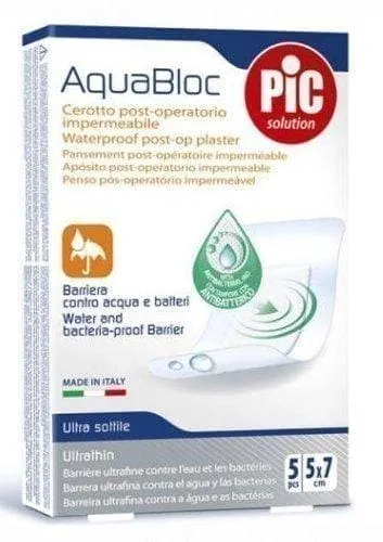 Weeping wound treatment PIC AquaBloc postoperative antibacterial plaster 5x7cm x 5 pieces