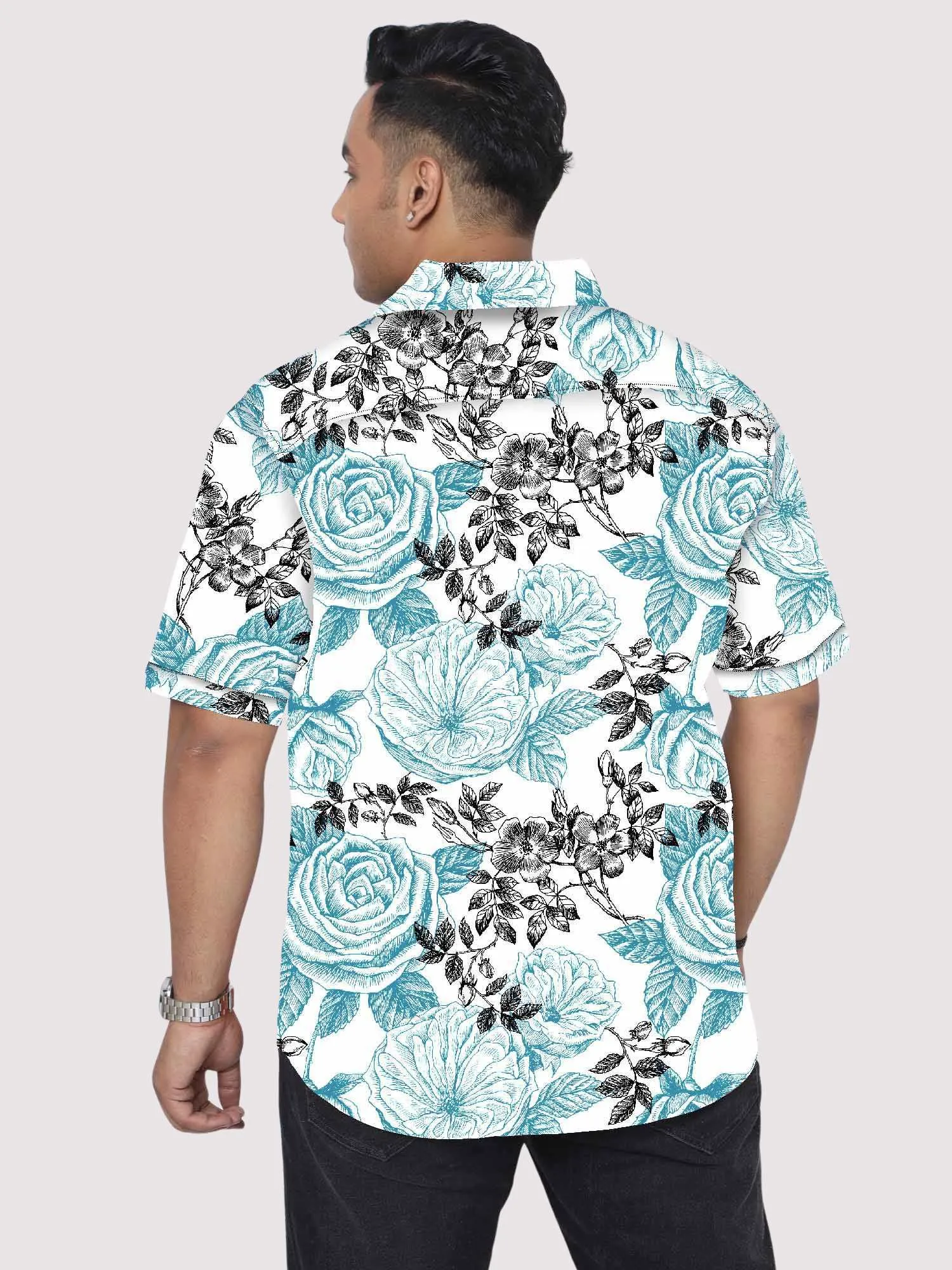 Wild Roses Blossom Digital Printed Half Sleeve Shirt Men's Plus Size