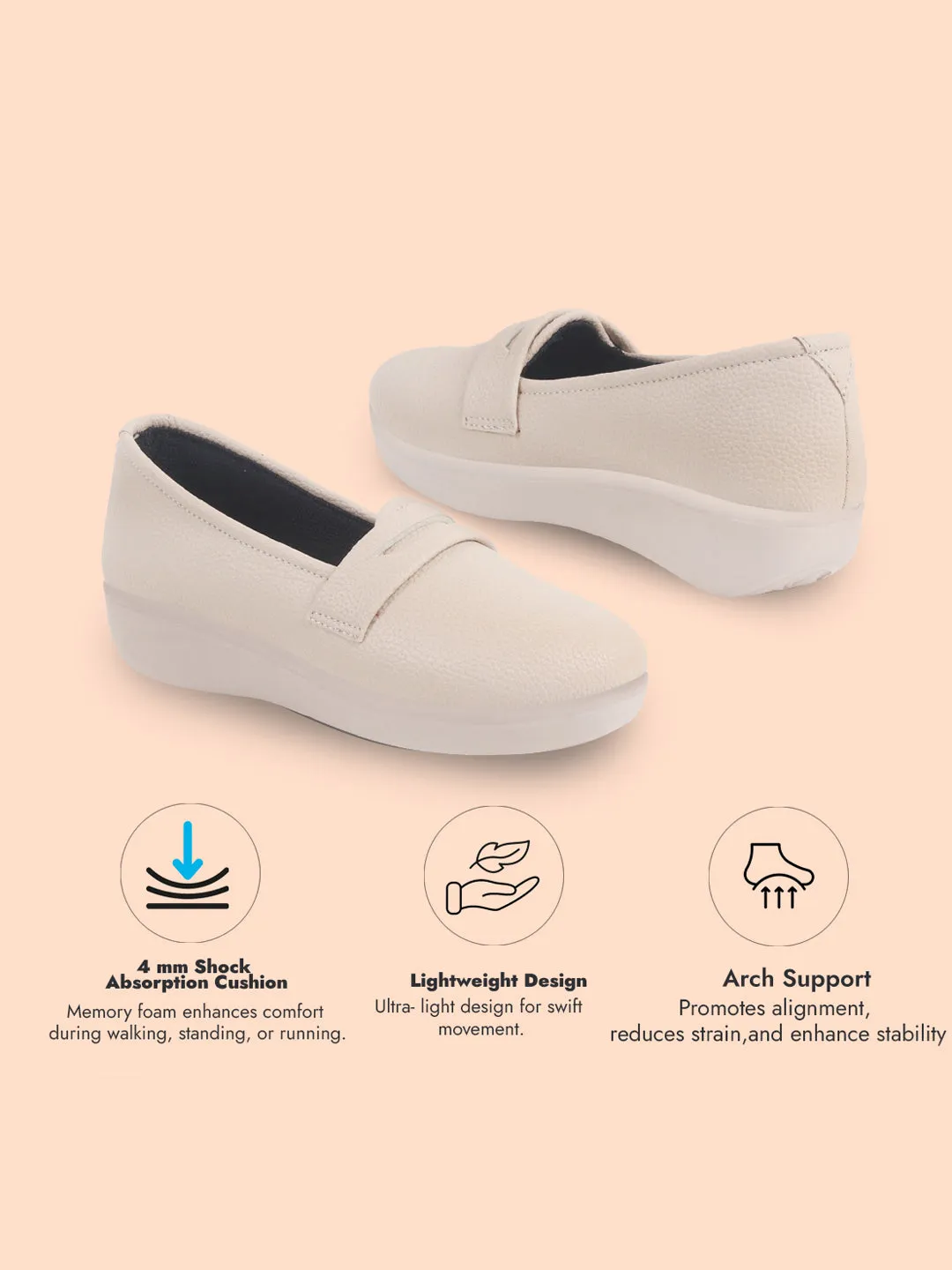 Women Cream Textured Slip On Casual Shoes Flatform Heel Height Enhancer|All Day Comfort|Daily Wear Shoes