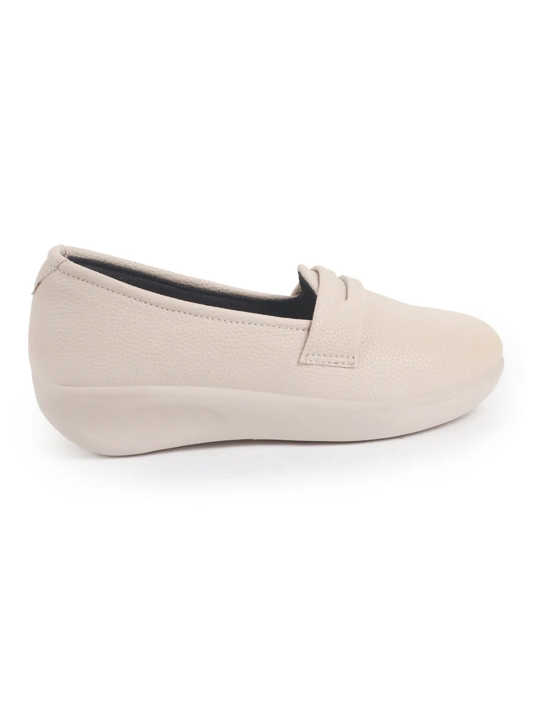 Women Cream Textured Slip On Casual Shoes Flatform Heel Height Enhancer|All Day Comfort|Daily Wear Shoes