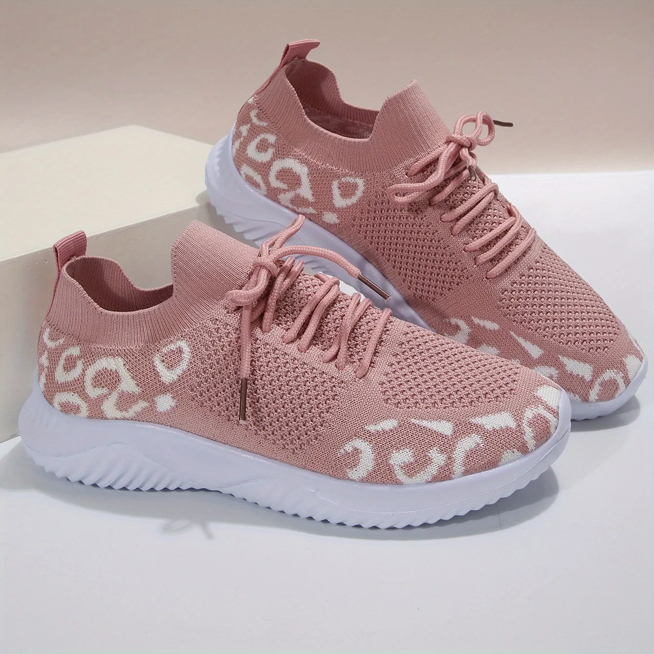 Women's Knitted Sports Shoes, Leopard Printed Low Top Running Shoes, Casual Walking Sneakers