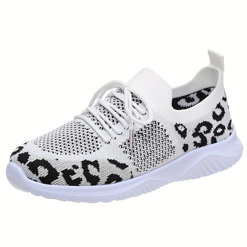 Women's Knitted Sports Shoes, Leopard Printed Low Top Running Shoes, Casual Walking Sneakers