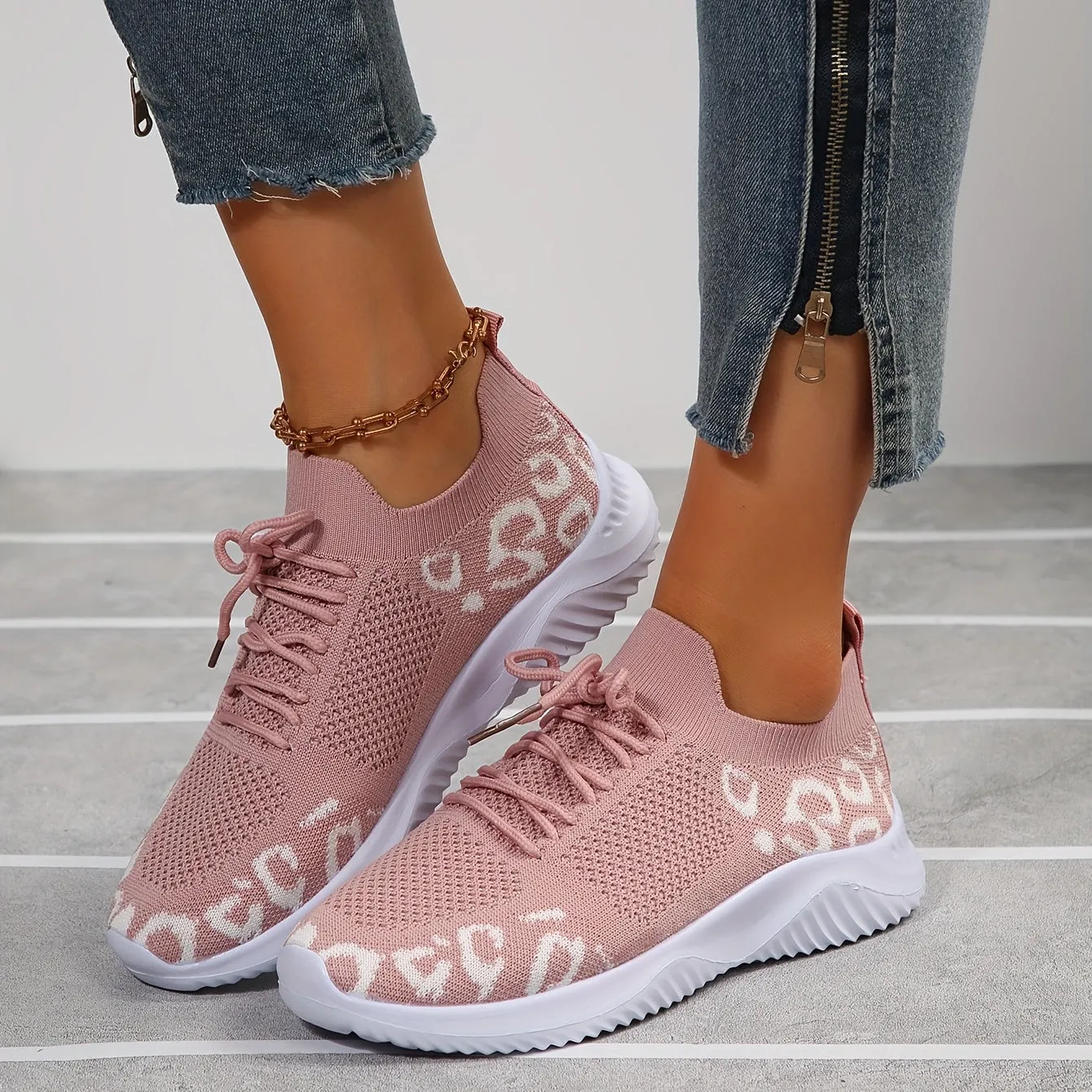 Women's Knitted Sports Shoes, Leopard Printed Low Top Running Shoes, Casual Walking Sneakers