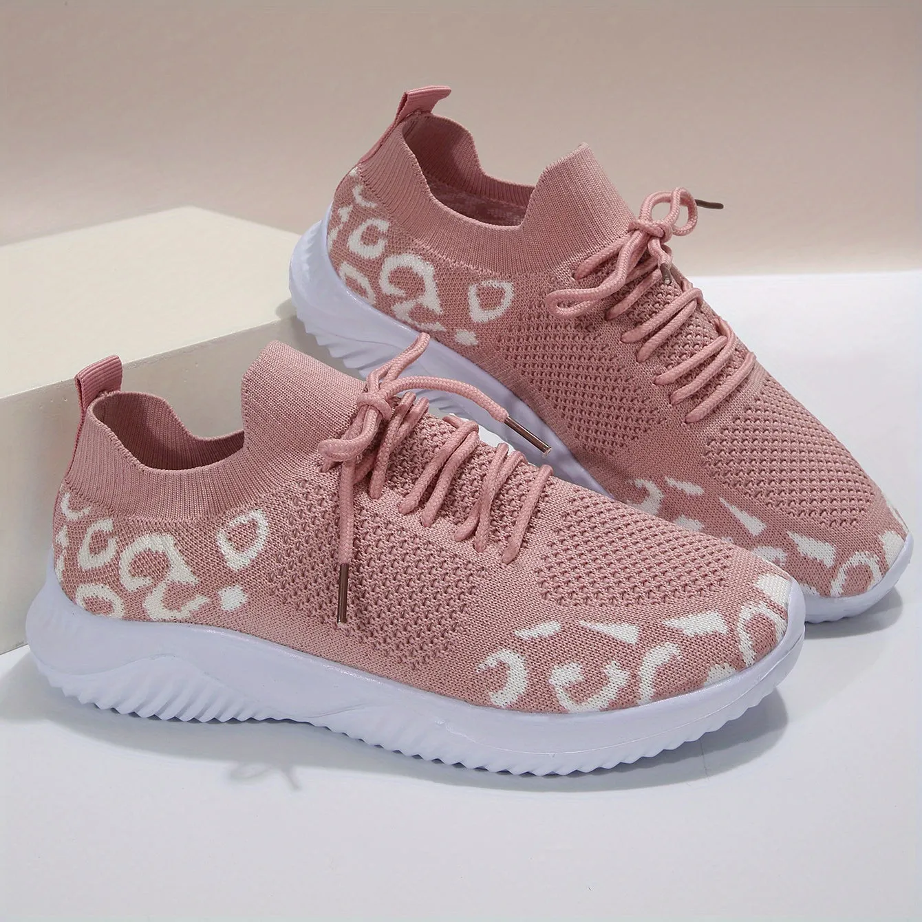 Women's Knitted Sports Shoes, Leopard Printed Low Top Running Shoes, Casual Walking Sneakers